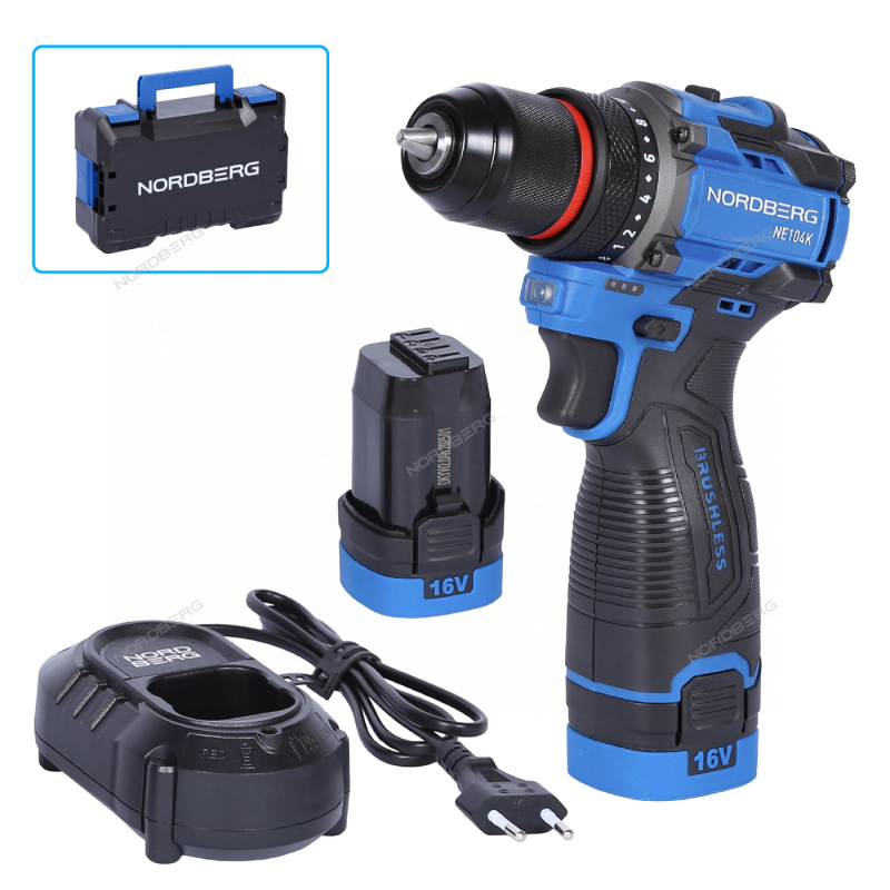 Шуруповерт аккумулят.макс.диам.сверла 10мм,16В,60Нм с 2 аккумулят.и зарядным уст-вом NORDBERG NE104K